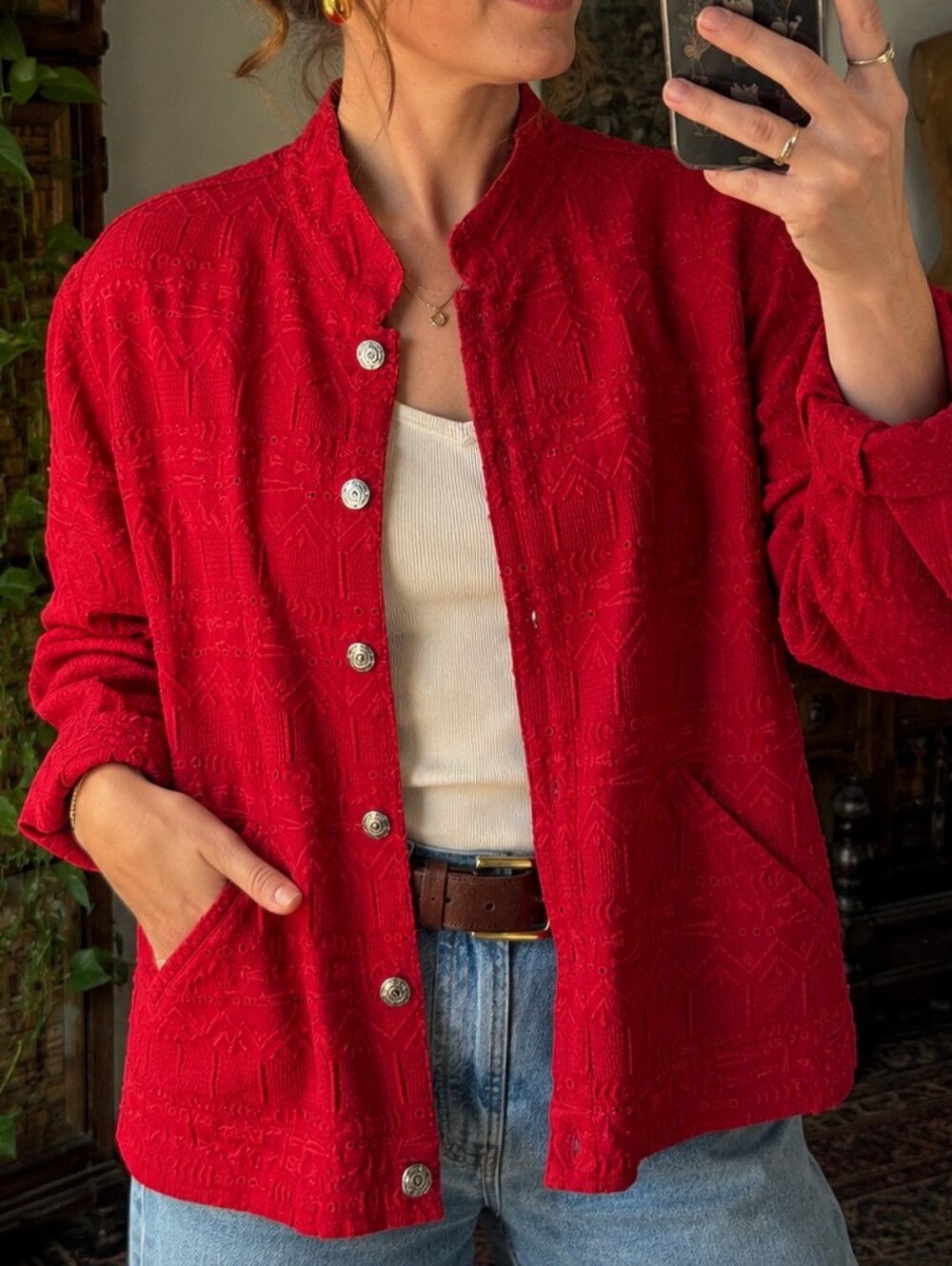 Chico’s Design Textured Red Jacket | Vintage Embroidered Cotton Button Front